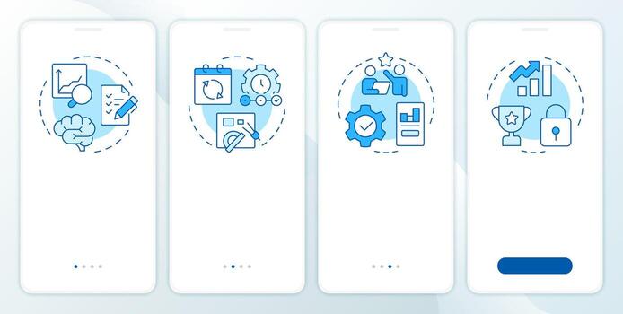 Stages of organizational change blue onboarding mobile app screen. Walkthrough 4 steps editable graphic instructions with linear concepts. UI, UX, GUI vector