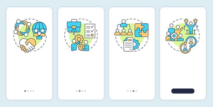 Nadler Tushman congruence framework onboarding mobile app screen. Walkthrough 4 steps editable graphic instructions with linear concepts. UI, UX, GUI vector