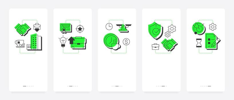 Job satisfaction key drivers mobile app onboarding screens. Business reliability. Career development. Flat UI UX design, green highlight with outline icons conceptual vector