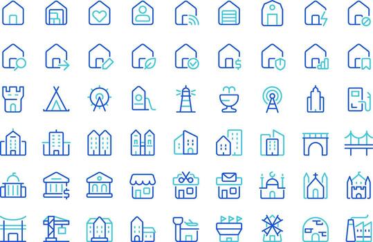 Buildings colorful line ui icons set. House utilities. City townhouse. Condominium, apartments. Commerce, business. Isolated duotone linear symbols pack. User interface elements, pixel perfect vector
