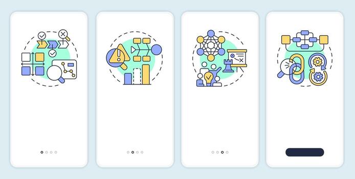Tools of gap analysis onboarding mobile app screen. Corporate maintenance. Walkthrough 4 steps editable graphic instructions with linear concepts. UI, UX, GUI vector