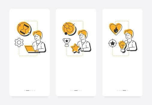 Job satisfaction benefits mobile app onboarding screens. Employee motivation, productivity. Workflow performance. Flat UI UX design, orange highlight with outline icons conceptual vector