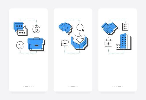 trabajo actitud móvil aplicación inducción pantallas trabajo en equipo organización. organizativo compromiso, negocio. plano ui ux diseño, azul realce con contorno íconos conceptual vector
