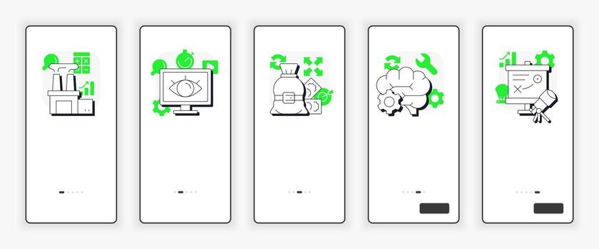 Steps in capacity management processes mobile onboarding screen. Organization development UX UI illustration. Flat outline style icons with green accent vector
