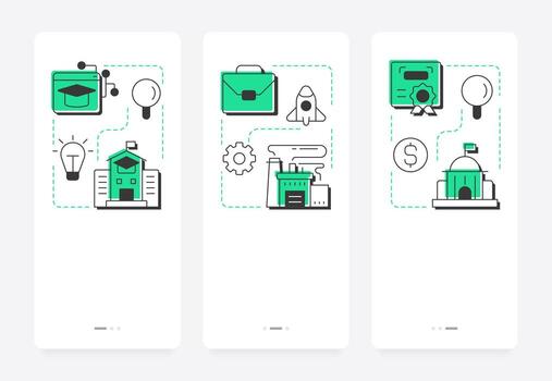 Triple helix model mobile app onboarding screens. Innovation management. Organization development strategy. Flat UI UX design, green highlight with outline icons conceptual vector