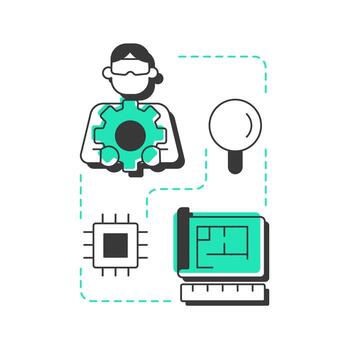 laboratorio validación moderno lineal concepto icono. producto pruebas. tecnología preparación nivel. desarrollo escenario. plano contorno elementos conectado con punteado líneas. creativo visual. fácil a editar vector