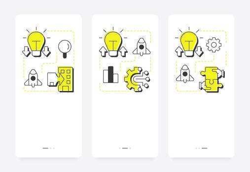 Models of open innovation mobile app onboarding screens. Research and development management. Business. Flat UI UX design, yellow highlight with outline icons conceptual vector