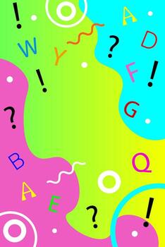abstract colorful background with circles, waves, signs and hand drawn alphabet. vector