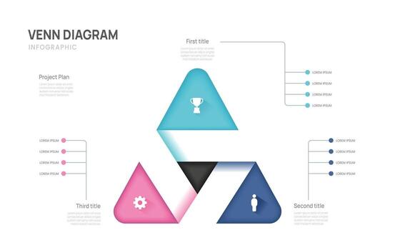 Business infographic triangle circle chart template 3 steps options, presentation with venn diagram elements illustration. vector