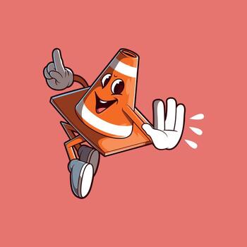 Smiling Traffic Cone Jumping and Gesturing to Stop. vector