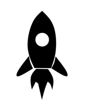 Simple black silhouette icon of a rocket ship blasting off, with round window and pointed fins, ideal for space themes, startup logos, or creative launch designs. vector