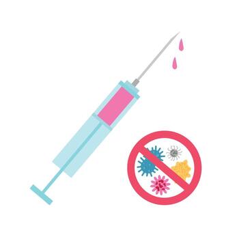 Syringe with vaccine near different viruses or germs in forbidden sign. Vaccination concept vector
