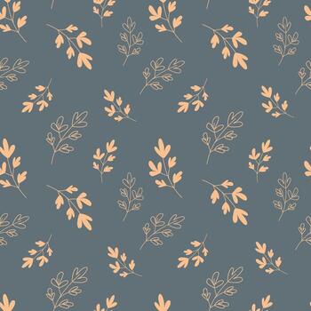 Seamless botanical pattern with soft peach leaves on a muted gray background, perfect for elegant autumn designs, stationery, and fabric prints. vector