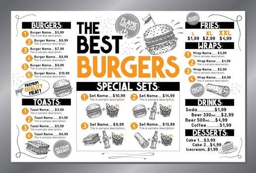 The Best Burgers - Table Menu Card Template - Tabloid, Ledger Format vector
