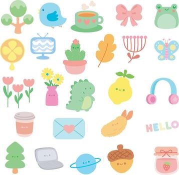 Cute variation of icon elements. Cute pastel items for sticky notes, memo or notebook stickers elements. vector