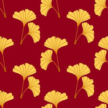Seamless pattern of yellow ginkgo leaves on a deep red background. For textiles, wallpapers and decorative design projects. vector