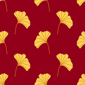 Seamless pattern of yellow ginkgo leaves on a deep red background. For textiles, wallpapers and design project vector
