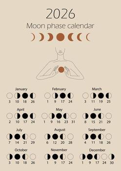 Moon phases calendar 2026 with a girl line. Waning gibbous, Waxing crescent, New moon, Full moon with dates. vector
