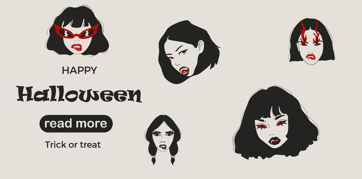 Web page design template. Set of Vampire Girl Featuring Sharp Fangs and Red Eyes vector