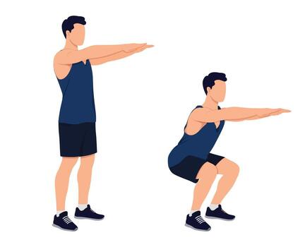 How to make a squat. Workout time muscular man doing squat exercises. Muscular man showing a squat exercise, side view, step by step. vector