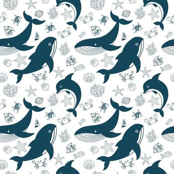 Elegant seamless background with marine theme. Design with dolphins, whales, crabs, corals and shells. vector