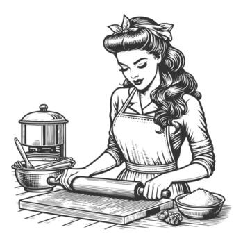 woman in an apron using a rolling pin, surrounded by baking tools and ingredients sketch engraving fictional character illustration. Scratch board imitation. Black and white image vector