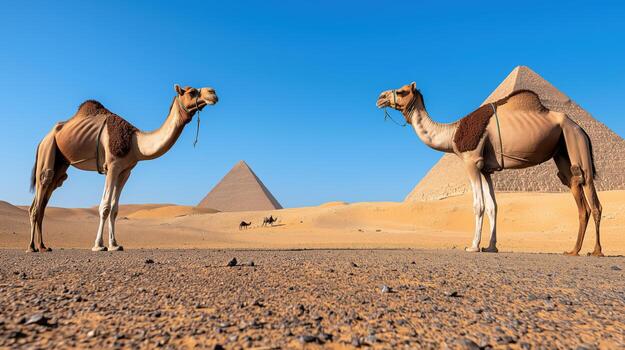 Two camels near the pyramids photo