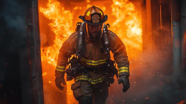 Intrepid Firefighter Navigating Through Smoke-Filled Room photo