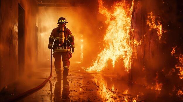 Fiery Corridor Showcasing Firefighter Commitment to Safety photo