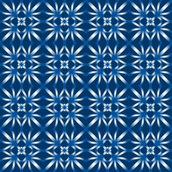 Geometric seamless pattern with curve lines. Magical illusion ornament. Blue gradient tiles on dark blue background. Mosaic square tile. Monochrome dark blue design for web, home decor, textile. vector