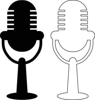 A black silhouette and a white outline of a retro microphone are displayed side-by-side on a plain white background. vector