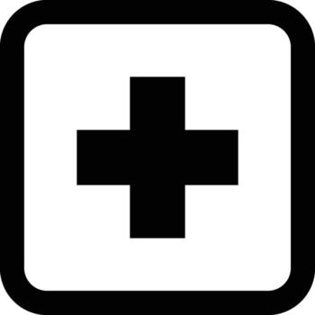 A simple black plus symbol is centered within a thick black border forming a rounded square. The graphic is isolated on a clean white background. vector