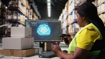 ung kvinna läser in streckkoder med ai automatisering system till hantera lager operationer, hantera spårning programvara service. sändning detaljer på etiketter i upptagen distribution nav. kamera a. video