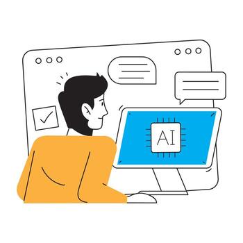 Man Interacting with Artificial Intelligence Interface on Desktop vector