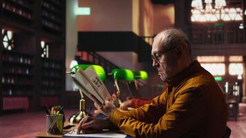 alt Universität Schüler vorbereiten seine These im ein Campus Bibliothek Studie Zimmer, lesen ein Buch zum akademisch Information. Ambition und Entschlossenheit zu Komplett ein Hochschule Grad. Kamera a. video