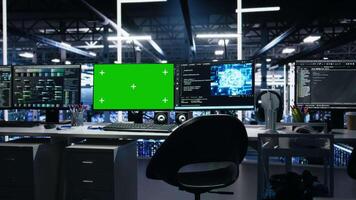 Green screen computers in data center supporting AI training workflows and automation of equipment systems. Chroma key PCs in server hub tracking hardware processing machine learning datasets video