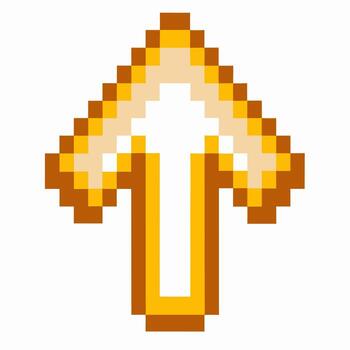 golden pixel arrow pointing upward retro game style, nostalgic digital icon, upward direction cursor isolated on white vector