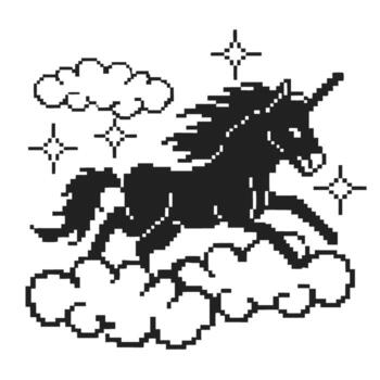 Pixel art unicorn running over clouds with sparkling stars black and white mythical creature, retro fantasy illustration vector
