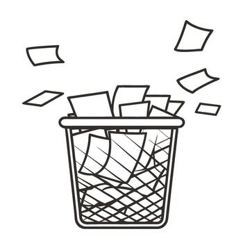 Office wastebasket overflowing with scrap paper discarded documents, clutter, paperwork, recycling, organization concept vector