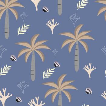 a pattern with palm trees and other plants on a blue background vector