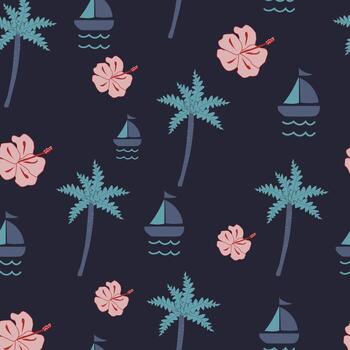 a pattern with palm trees and boats on a dark background vector