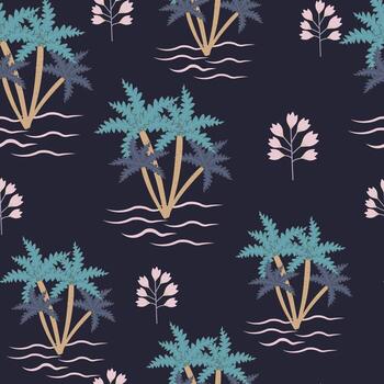 a pattern with palm trees and flowers on a dark background vector
