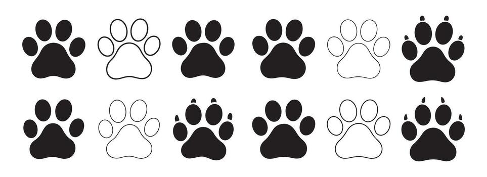 Collection of Cat Paw Prints in Solid and Outline Styles for Pet Lovers and Craft Projects vector