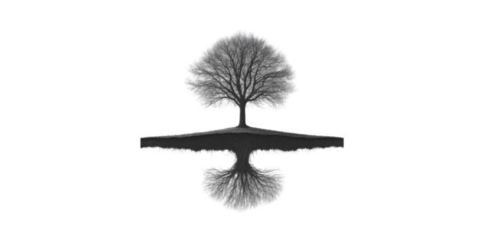 albero con radici riflessione nel nero e. simboleggia equilibrio e connessione per natura isolato su trasparente sfondo png
