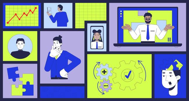 datos eficiencia y remoto negocio operaciones bento cuadrícula ilustración colocar. conferencias, engranajes, gráficos, rompecabezas 2d imagen collage recopilación. diverso plano caracteres moodboard diseño vector