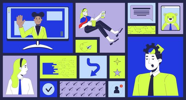 Digital messaging and online interaction in media bento grid illustration set. Technology communication 2D image collage design graphics collection. Diverse flat characters moodboard layout vector