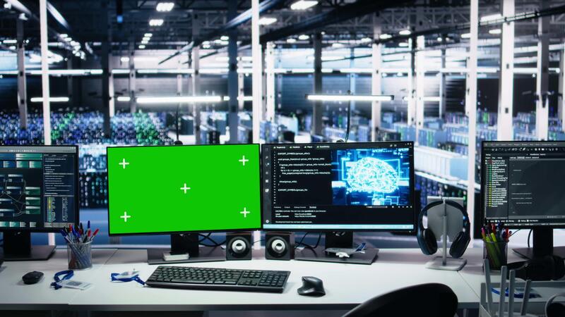 debugging code on computer screen - Data center green screen computers showing neural network ...