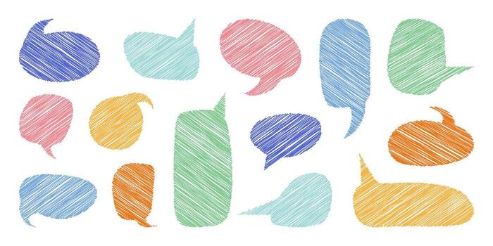 Speech bubble set, scribble text boxes with hatching, school decorative design element and stickers, talk and thoughts backgrounds. illustration. vector