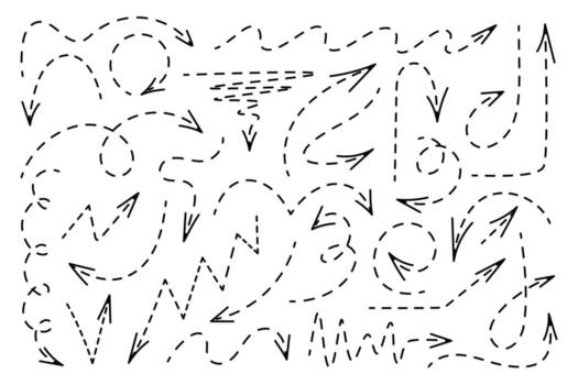 A set of arrows with a dotted line. The image includes various shapes and directions of dotted arrows, drawn in black lines on a white background, in a simple, graphic style. vector