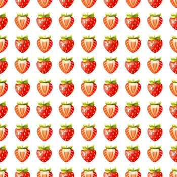 brillante sin costura modelo presentando todo y medio fresas rojo bayas con verde hojas repetir en un blanco fondo, creando un Fresco y jugoso visual efecto. vector